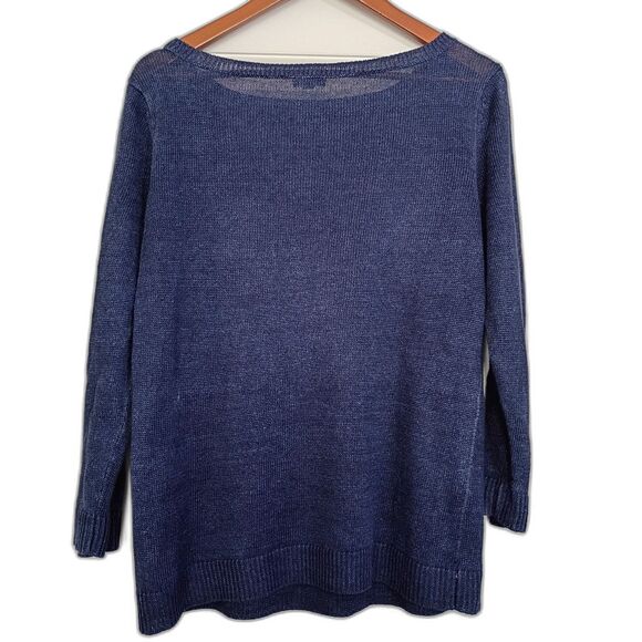 Talbots Fine Open Knit Linen Sweater Dark Blue Boat Neck Womens L Coastal Preppy - Picture 2 of 7